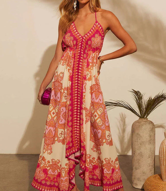 Women's Halter Paisley Maxi Dress with High-Low Hem