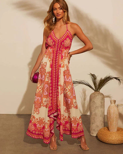 Women's Halter Paisley Maxi Dress with High-Low Hem