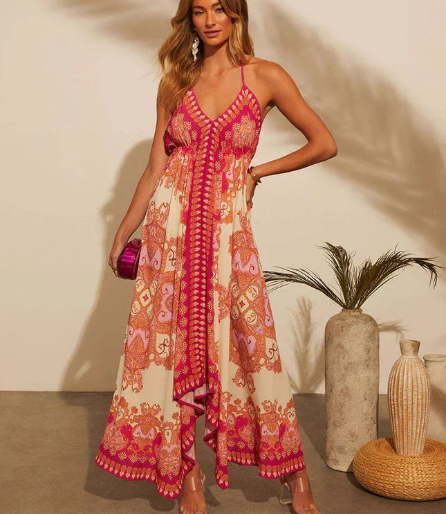 Women's Halter Paisley Maxi Dress with High-Low Hem