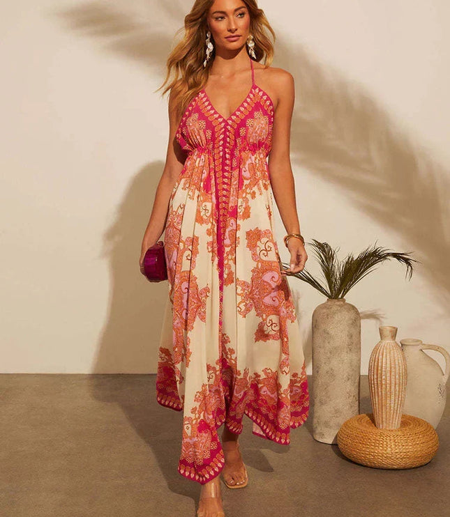 Women's Halter Paisley Maxi Dress with High-Low Hem