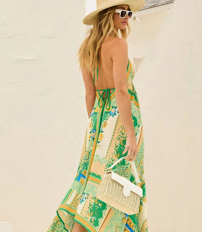 Women's Halter Paisley Maxi Dress with High-Low Hem