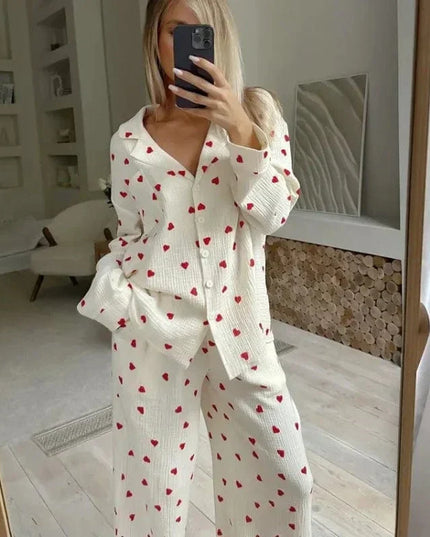 Women's Heart Print Three-Piece Loungewear Set