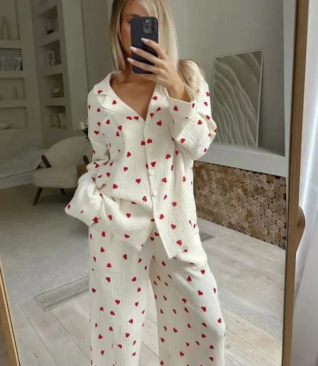 Women's Heart Print Three-Piece Loungewear Set