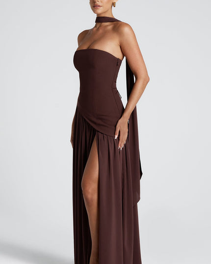Women's High Slit Maxi Dress with Bandeau Neck and Scarf