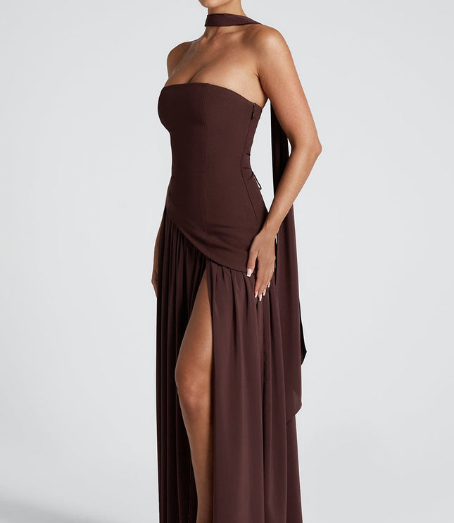 Women's High Slit Maxi Dress with Bandeau Neck and Scarf