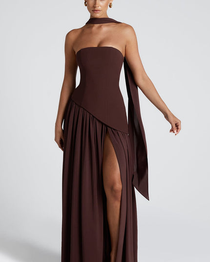 Women's High Slit Maxi Dress with Bandeau Neck and Scarf