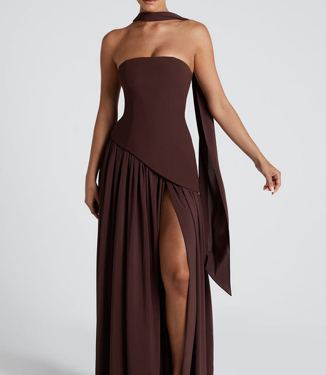 Women's High Slit Maxi Dress with Bandeau Neck and Scarf
