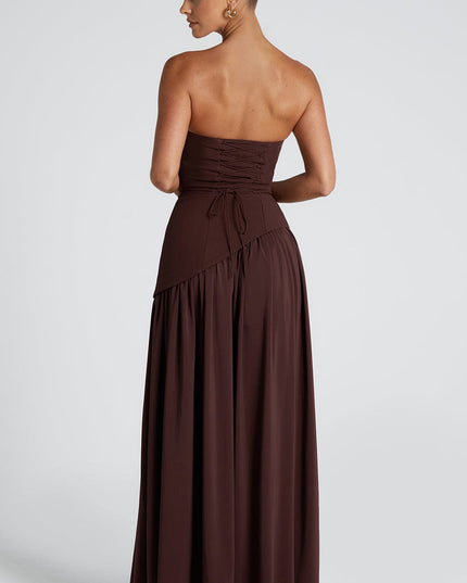 Women's High Slit Maxi Dress with Bandeau Neck and Scarf