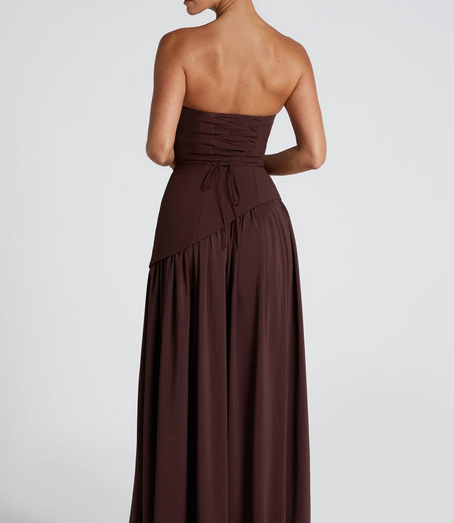 Women's High Slit Maxi Dress with Bandeau Neck and Scarf