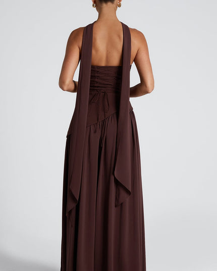 Women's High Slit Maxi Dress with Bandeau Neck and Scarf