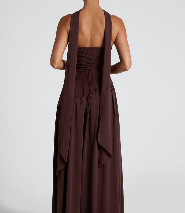 Women's High Slit Maxi Dress with Bandeau Neck and Scarf