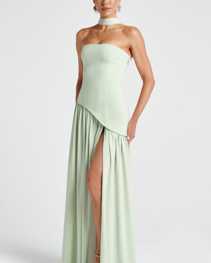 Women's High Slit Maxi Dress with Bandeau Neck and Scarf