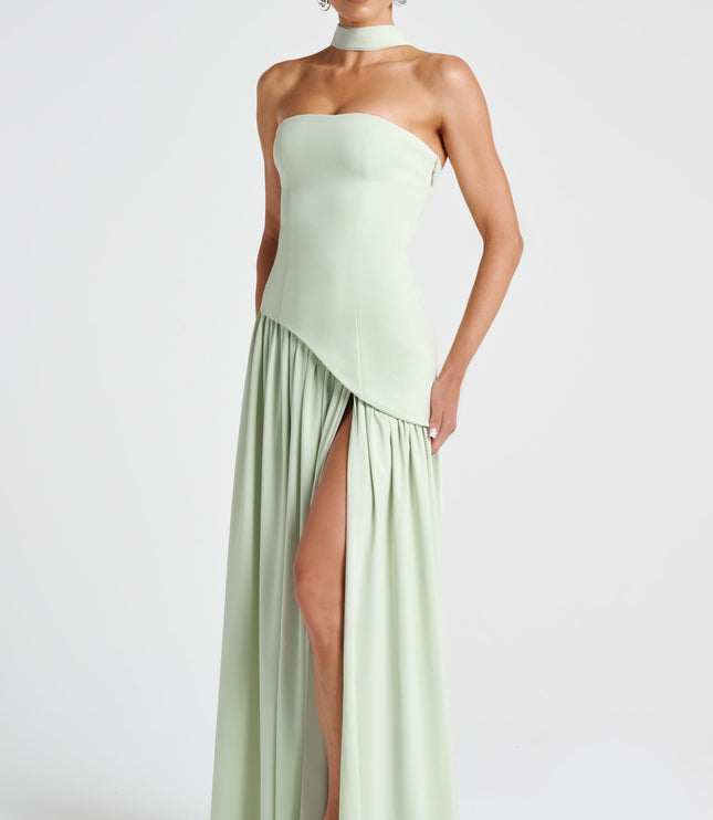 Women's High Slit Maxi Dress with Bandeau Neck and Scarf