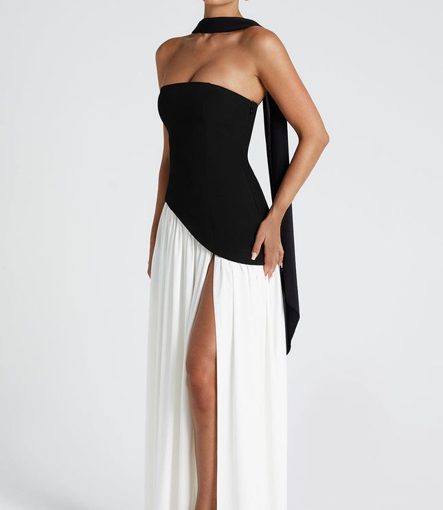 Women's High Slit Maxi Dress with Bandeau Neck and Scarf