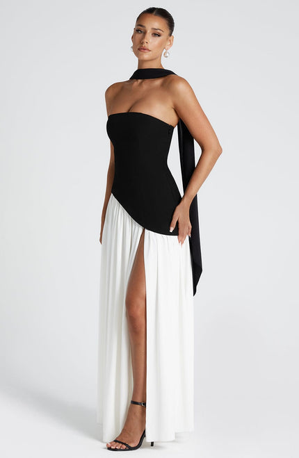 Women's High Slit Maxi Dress with Bandeau Neck and Scarf