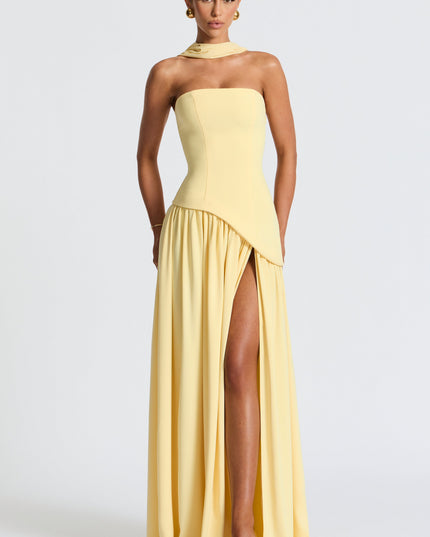Women's High Slit Maxi Dress with Bandeau Neck and Scarf