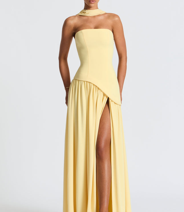 Women's High Slit Maxi Dress with Bandeau Neck and Scarf