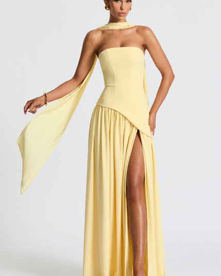 Women's High Slit Maxi Dress with Bandeau Neck and Scarf