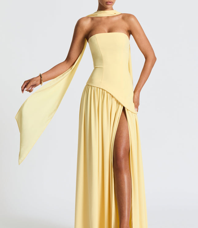 Women's High Slit Maxi Dress with Bandeau Neck and Scarf