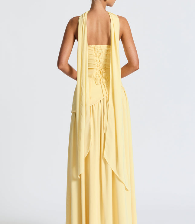 Women's High Slit Maxi Dress with Bandeau Neck and Scarf