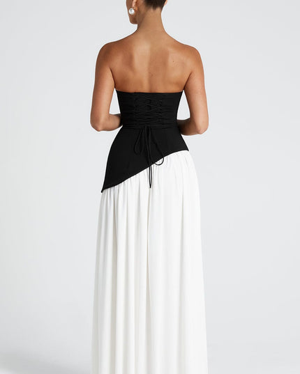 Women's High Slit Maxi Dress with Bandeau Neck and Scarf