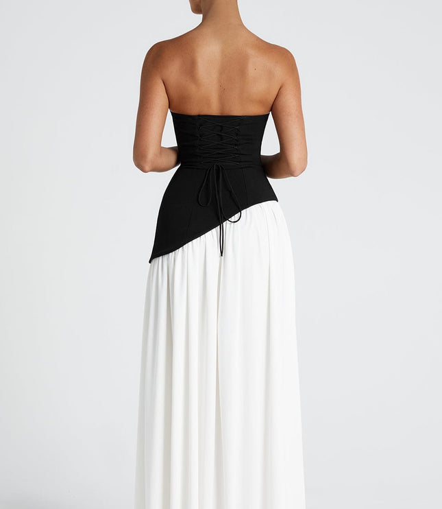 Women's High Slit Maxi Dress with Bandeau Neck and Scarf