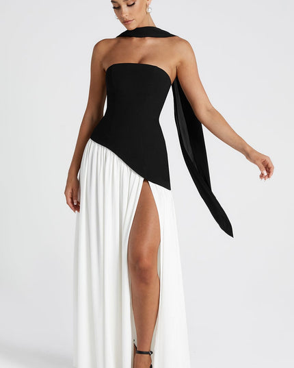 Women's High Slit Maxi Dress with Bandeau Neck and Scarf