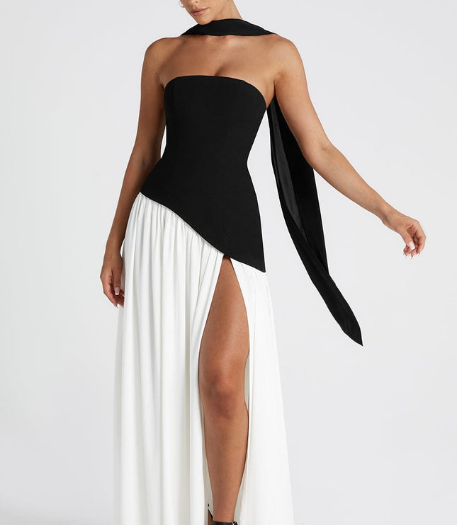 Women's High Slit Maxi Dress with Bandeau Neck and Scarf