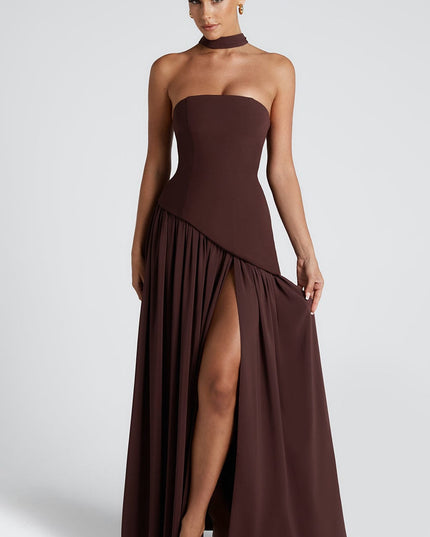 Women's High Slit Maxi Dress with Bandeau Neck and Scarf
