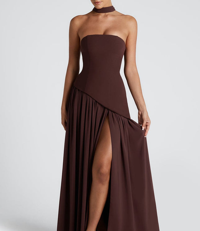 Women's High Slit Maxi Dress with Bandeau Neck and Scarf