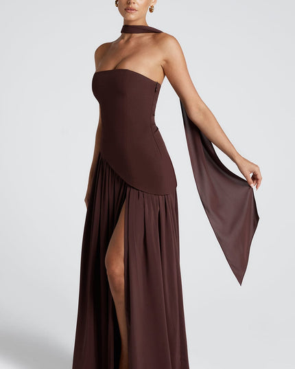 Women's High Slit Maxi Dress with Bandeau Neck and Scarf