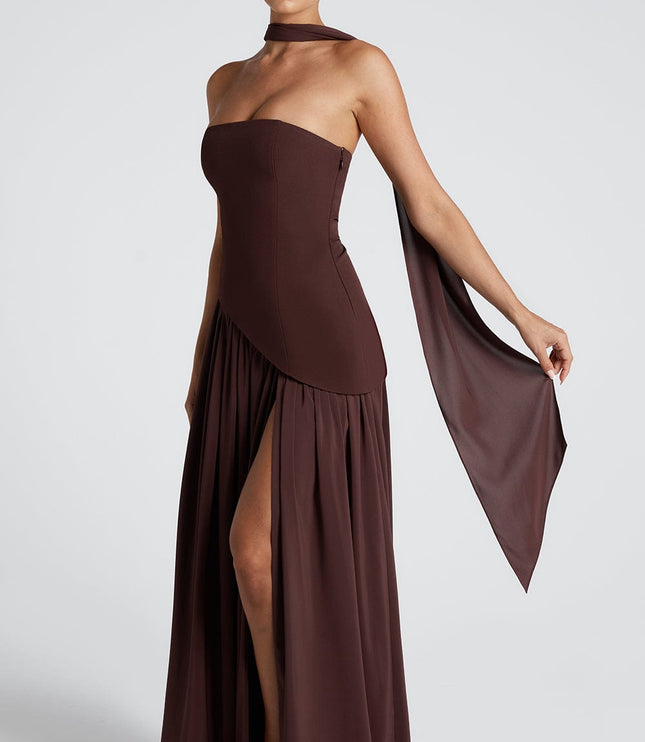 Women's High Slit Maxi Dress with Bandeau Neck and Scarf