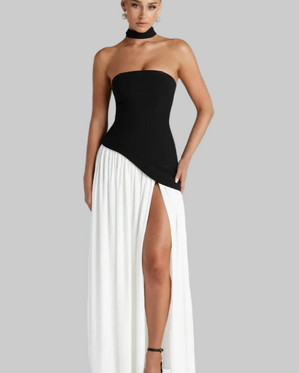 Women's High Slit Maxi Dress with Bandeau Neck and Scarf