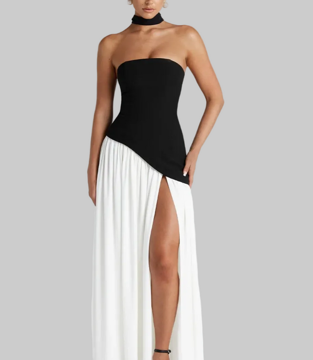 Women's High Slit Maxi Dress with Bandeau Neck and Scarf