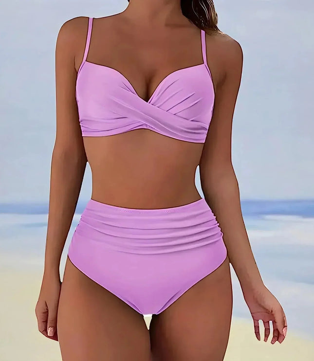 Lavender purple wrap bikini top with ruched high waist bottom