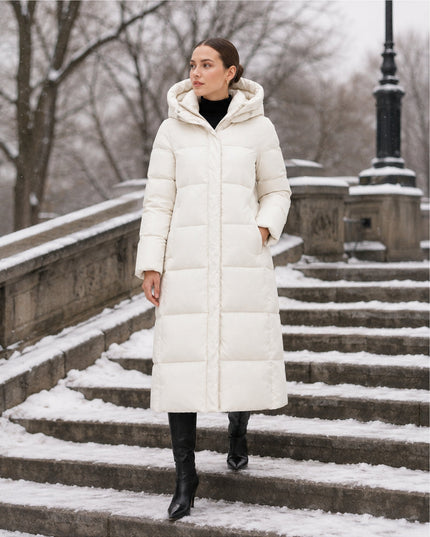 Women's Hooded Winter Coat in a Long Quilted Puffer Cut