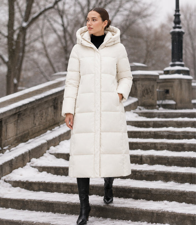 Women's Hooded Winter Coat in a Long Quilted Puffer Cut