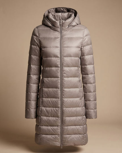 Women's Hooded Winter Jacket in a Long Lightweight Puffer