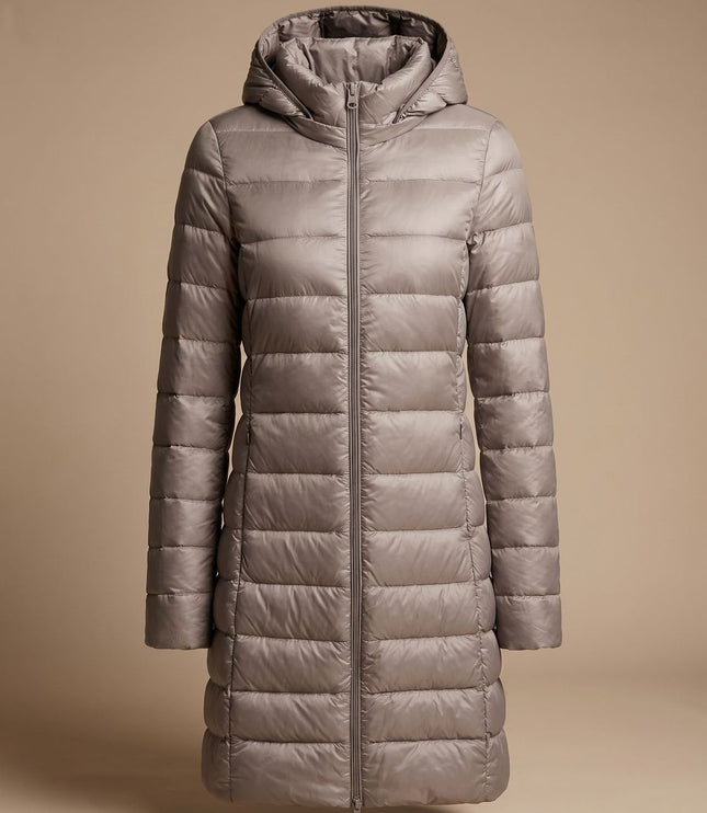 Women's Hooded Winter Jacket in a Long Lightweight Puffer