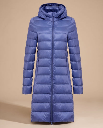 Women's Hooded Winter Jacket in a Long Lightweight Puffer