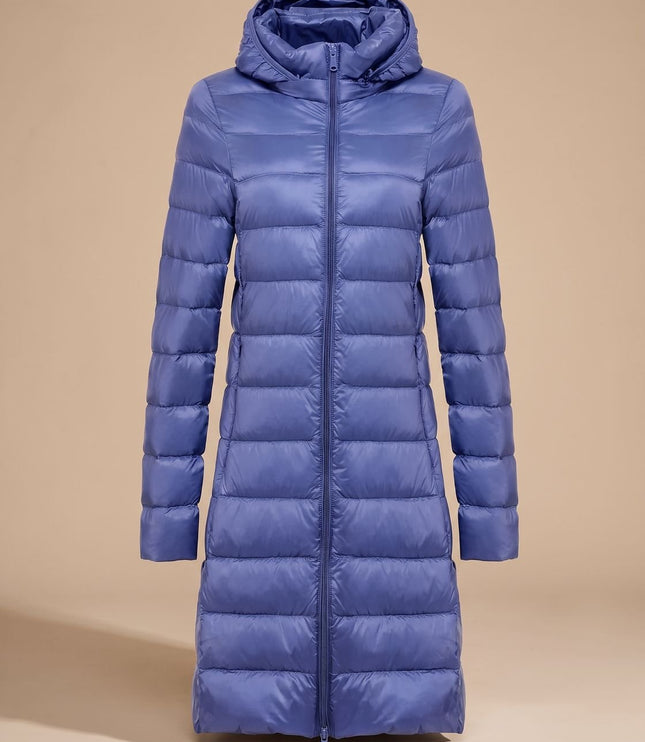 Women's Hooded Winter Jacket in a Long Lightweight Puffer