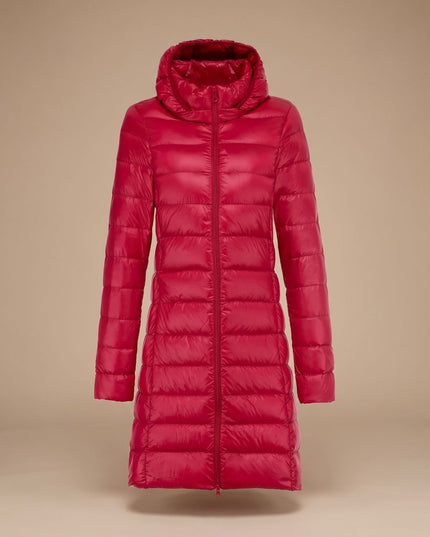 Women's Hooded Winter Jacket in a Long Lightweight Puffer