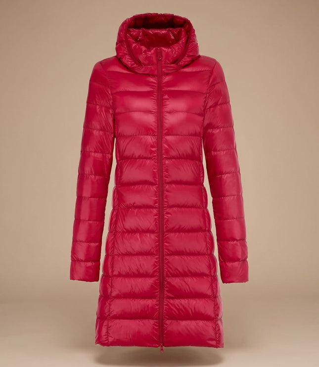 Women's Hooded Winter Jacket in a Long Lightweight Puffer