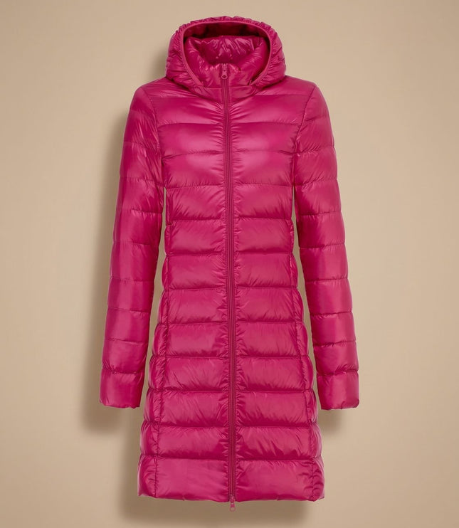 Women's Hooded Winter Jacket in a Long Lightweight Puffer