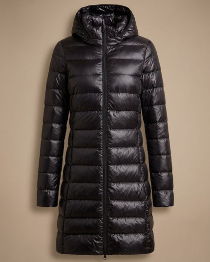 Women's Hooded Winter Jacket in a Long Lightweight Puffer