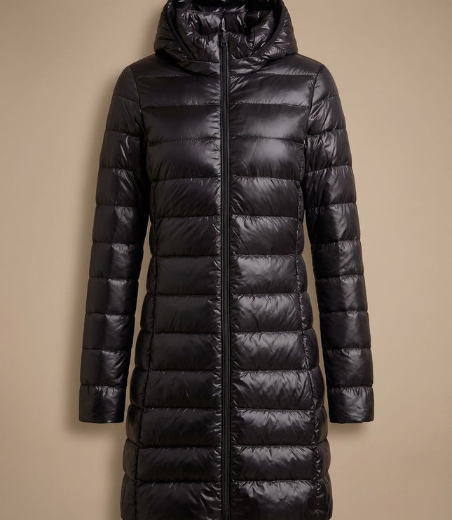 Women's Hooded Winter Jacket in a Long Lightweight Puffer