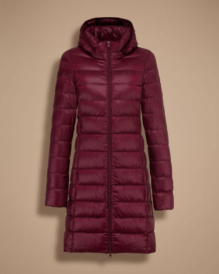 Women's Hooded Winter Jacket in a Long Lightweight Puffer