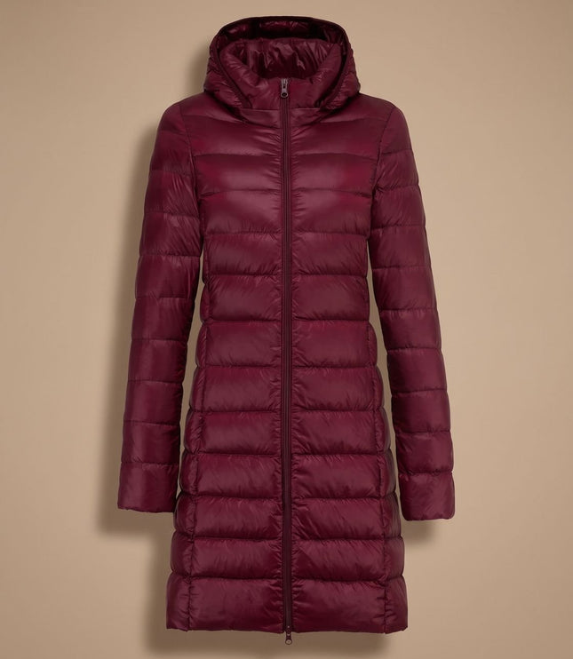 Women's Hooded Winter Jacket in a Long Lightweight Puffer