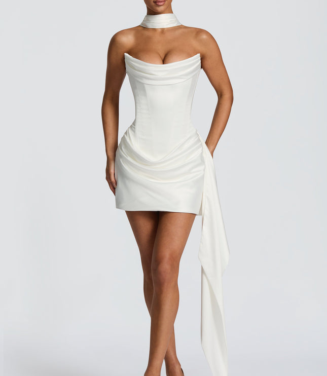 Women's Ivory Satin Strapless Cowl Neck Homecoming Dress