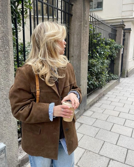 Women's Jacket in Brown Suede, Hip Length with Button Front